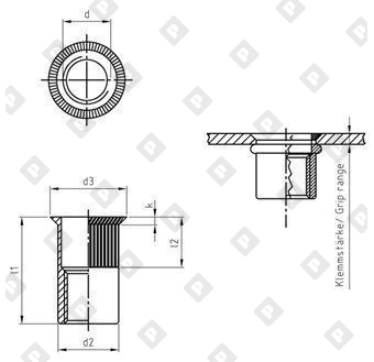 Заклепка-гайка ART 1023 M5x13.5 с потайным бортиком, с насечками, нерж. сталь А2 - №3